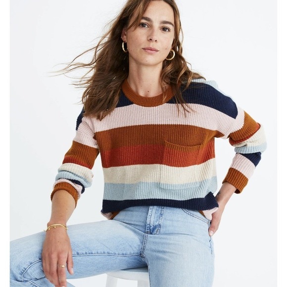 Madewell Women's Size Small Thompson Pocket Pullover Sweater Rainbow Stripe - Picture 2 of 6